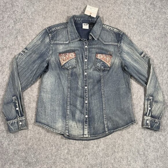 Harley-Davidson Tops - NWT Harley-Davidson Women's Lighweigt Denim Roll-Tab Sleeve Shirt Embroidered XL